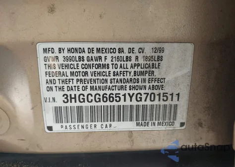 2000 Honda Accord 2.3 Lx из США, поврежденный, VIN 3HGCG6651YG701511